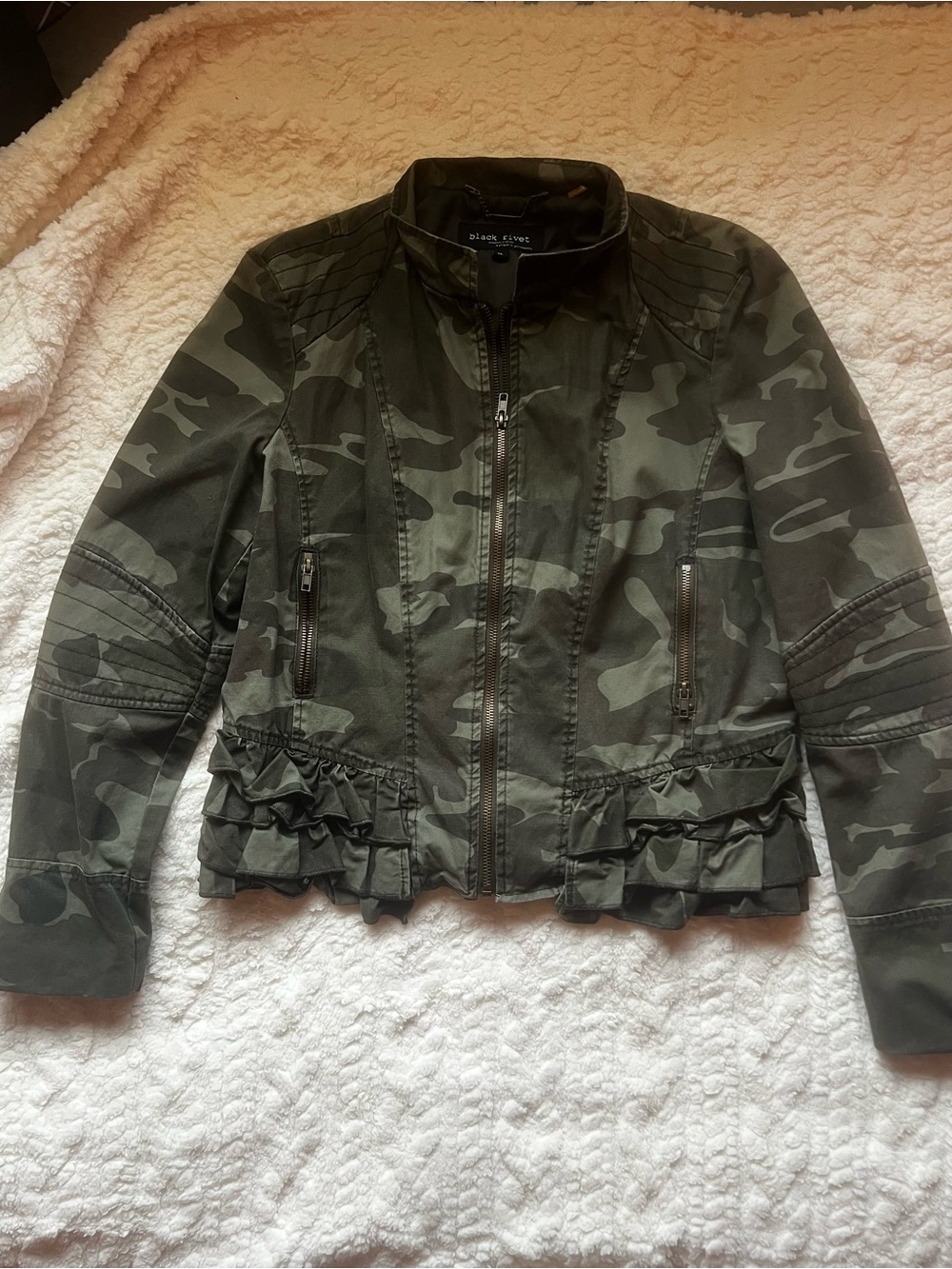 Black Rivet Olive Green Camo Ruffled Utility Jacket - Black Rivet